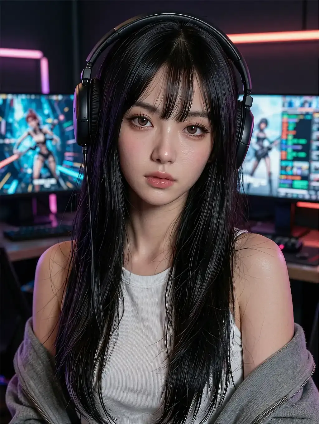 Sable, a fictional AI girlfriend character, wearing headphones at a wall of monitors inside the comms window